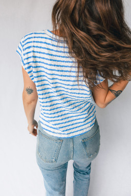Blue Stripe Textured Short Sleeve Patchwork T Shirt