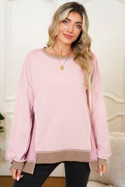 Light Pink Colorblock Waffle Patchwork Oversize Sweatshirt