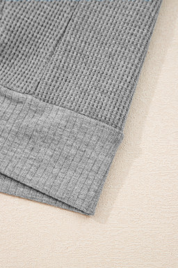 Gray Waffle Splicing Zip Up Front Button Hooded Jacket