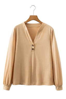 Light French Beige Casual Button V Neck Long Sleeve T-Shirt