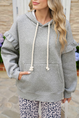 Gray Solid Ruffle Pocket Drawstring Long Sleeve Hoodie
