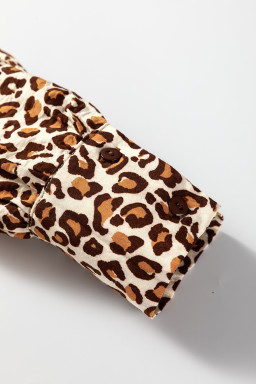 Brown Leopard Print Frill Stand Neck Button Long Sleeve Shirt