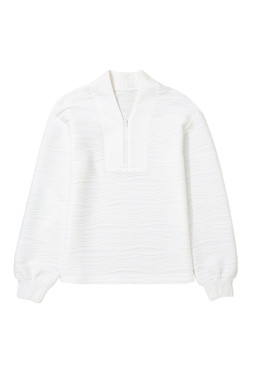 White Solid Color Zipper V Neck Pullover Sweatshirt