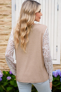 Oatmeal Lace Patchwork Sleeve V Neck Top