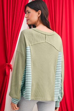 Meadow Mist Green Exposed Seam Waffle Striped Patchwork Baggy Pullover