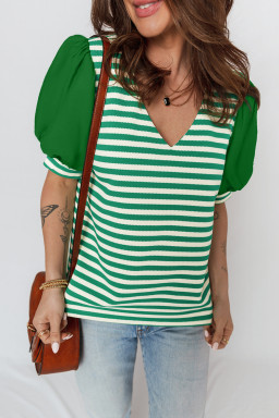 Green Stripe Puff Short Sleeve Patchwork V Neck Blouse