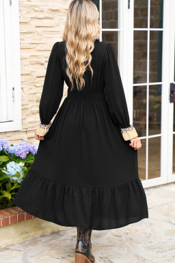 Black Leopard Contrast Color Ruffle Bracelet Sleeve Midi Dress