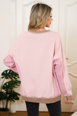 Light Pink Colorblock Waffle Patchwork Oversize Sweatshirt
