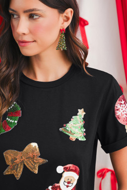 Black Sequin Christmas Graphic Patch Application Crewneck T Shirt