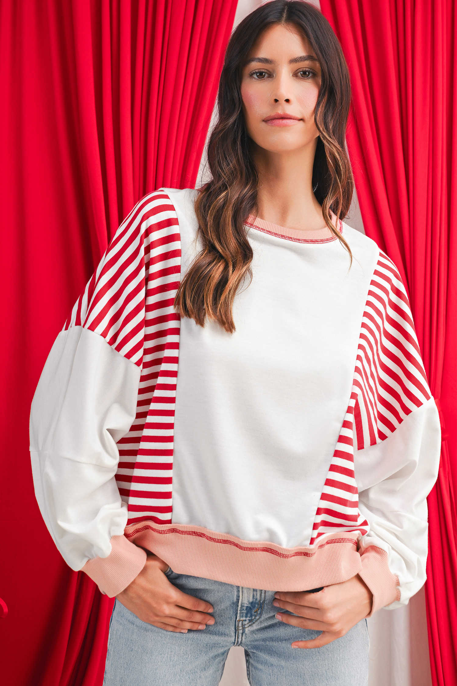 Red Striped Colorblock Patchwork Oversized Sweatshirt