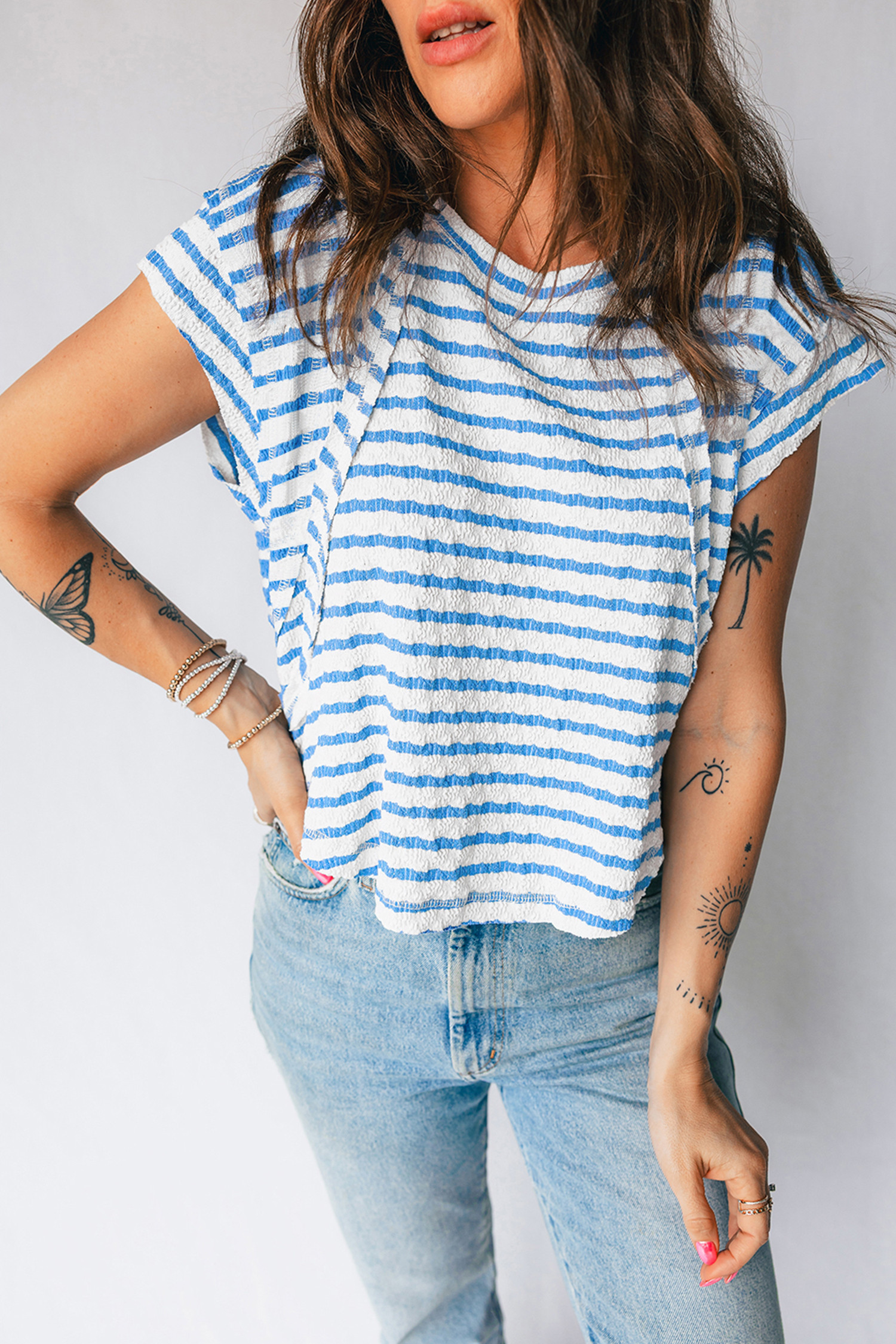Blue Stripe Textured Short Sleeve Patchwork T Shirt