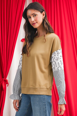 Camel Floral Striped Patchwork Ruffled Sleeve Crew Neck Sweatshirt