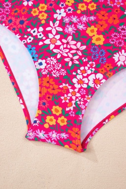 Rose Floral Print Ricrac Trim Spaghetti Strap One Piece Swim Dress