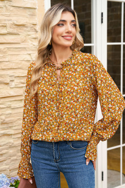 Orange Boho Floral Ruffled Bubble Sleeve V Neck Fall Blouse