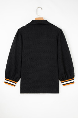 Black Textured V Neck Colorblock Cuffs Sweatshirt