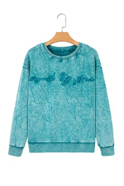 Sea Green  saved by grace Letter Embroidery Mineral Wash Loose Sweatshirt