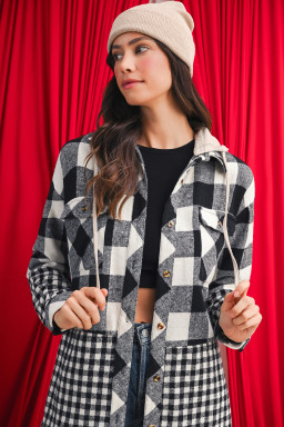 Black Plaid Patchwork Drawstring Hooded Raw Hem Shacket