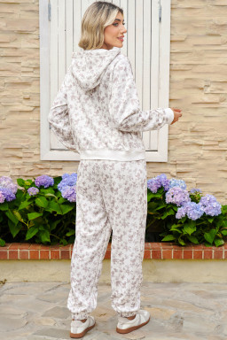 White Ditsy Floral Print Cozy Pullover Drawstring Pants Set