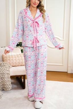Pink Bow Wreath Pattern Christmas Holiday Bow Tie Front Pajama Set