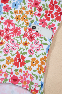 Red Floral Print Ricrac Trim Spaghetti Strap One Piece Swim Dress