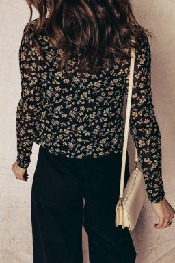 Black Floral Print Mesh Tank Button Front Slim Cardigan 2pcs Set