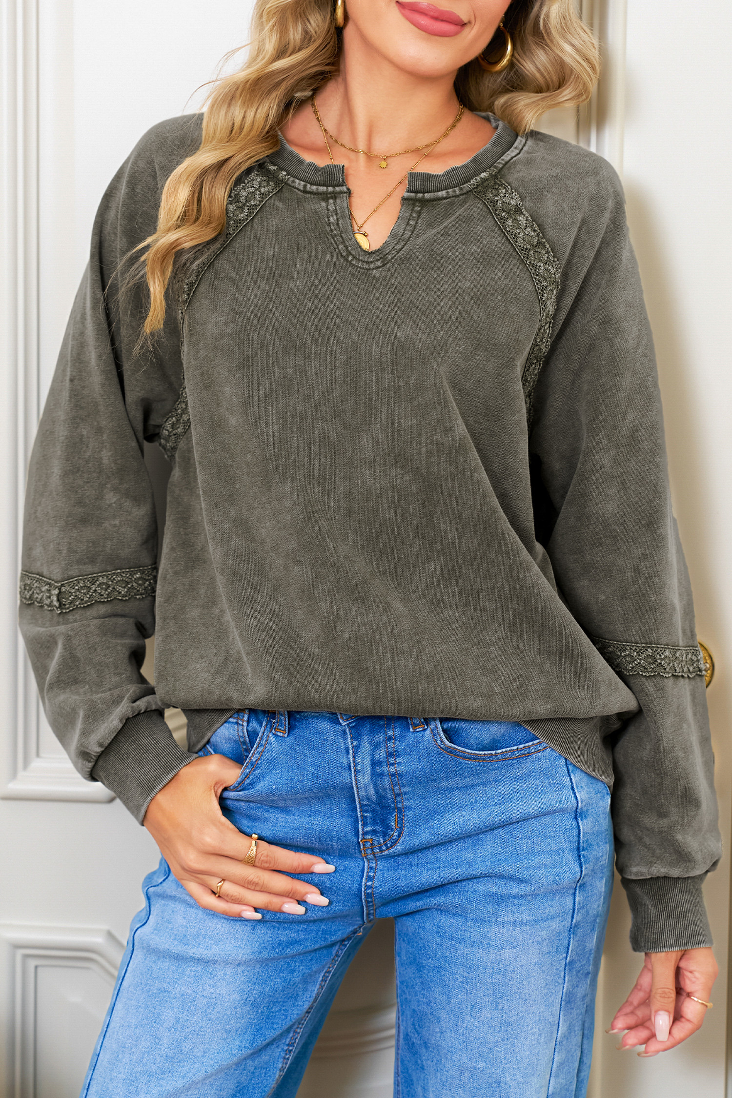 Jungle Green Lace Applique Notched Neck Mineral Wash Baggy Sweatshirt