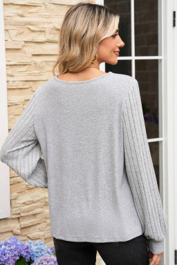 Gray Solid Lace Applique Round Neck Long Sleeve Top
