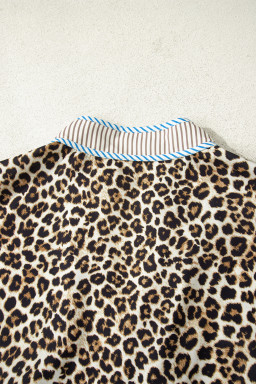 Khaki Plus Size Leopard Print Striped Trim V Neck Drop Waist Long Sleeve Mini Dress