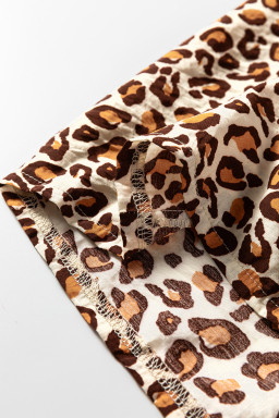 Brown Leopard Print Frill Stand Neck Button Long Sleeve Shirt