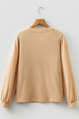 Light French Beige Casual Button V Neck Long Sleeve T-Shirt
