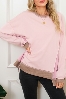 Light Pink Colorblock Waffle Patchwork Oversize Sweatshirt