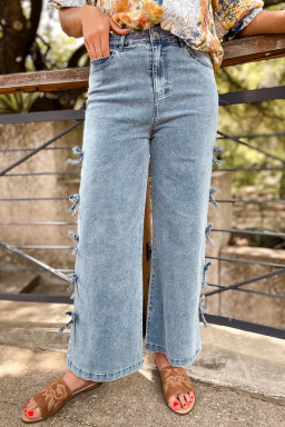 Beau Blue Bow Knot Side Detail Straight Leg Loose Jeans