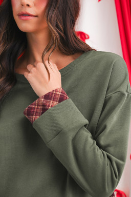 Moss Green Vintage Plaid Patchwork Drop Shoulder Sweatshirt