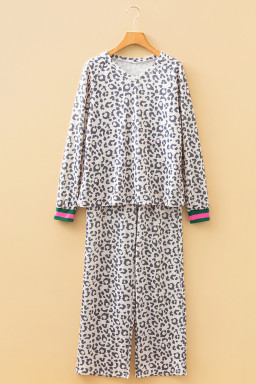Gray Leopard Contrast Trim Long Sleeve Pullover and Pants Set