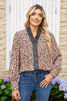Brown Leopard Print Frill Stand Neck Button Long Sleeve Shirt