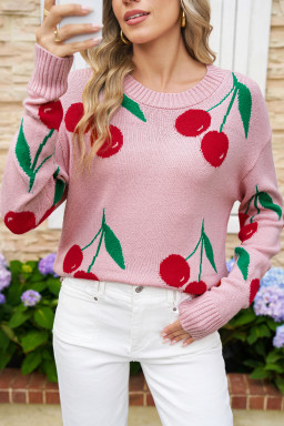 Pink Cherry Print Round Neck Knit Sweater