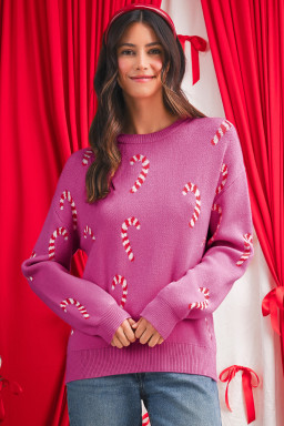 Sachet Pink Christmas Candy Cane Drop Shoulder Sweater