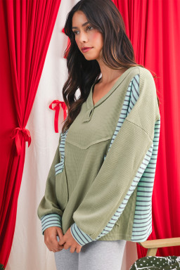 Meadow Mist Green Exposed Seam Waffle Striped Patchwork Baggy Pullover