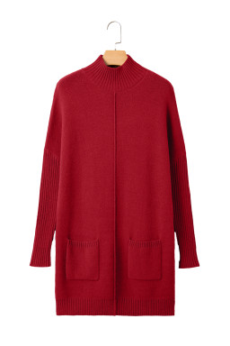 Fiery Red Ribbed High Neck Front Pockets Center Seam Sweater Dress