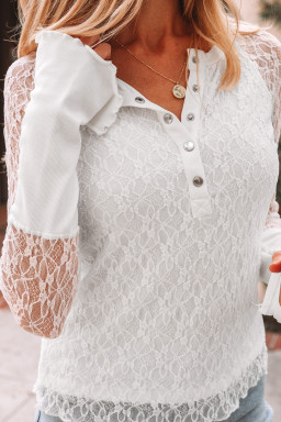 White Sheer Lace Long Sleeve Slim Henley Top