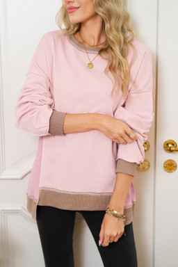 Light Pink Colorblock Waffle Patchwork Oversize Sweatshirt