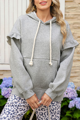Gray Solid Ruffle Pocket Drawstring Long Sleeve Hoodie