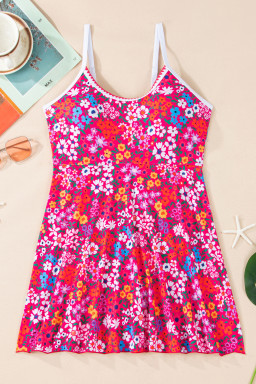 Rose Floral Print Ricrac Trim Spaghetti Strap One Piece Swim Dress
