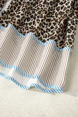 Khaki Plus Size Leopard Print Striped Trim V Neck Drop Waist Long Sleeve Mini Dress