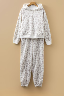 White Ditsy Floral Print Cozy Pullover Drawstring Pants Set