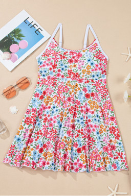 Red Floral Print Ricrac Trim Spaghetti Strap One Piece Swim Dress