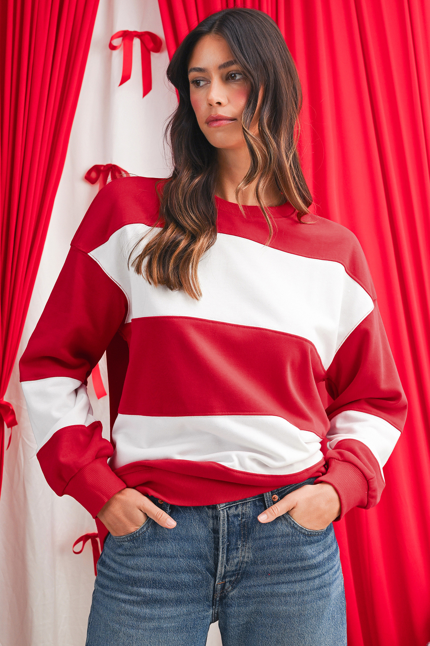 Fiery Red Colorblock Drop Shoulder Baggy Sweatshirt