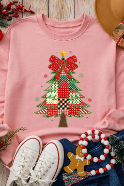 Pink Multi-pattern Checkered Christmas Tree Womens Drop Shoulder Sweatshirt