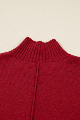 Fiery Red Ribbed High Neck Front Pockets Center Seam Sweater Dress