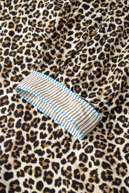 Khaki Plus Size Leopard Print Striped Trim V Neck Drop Waist Long Sleeve Mini Dress